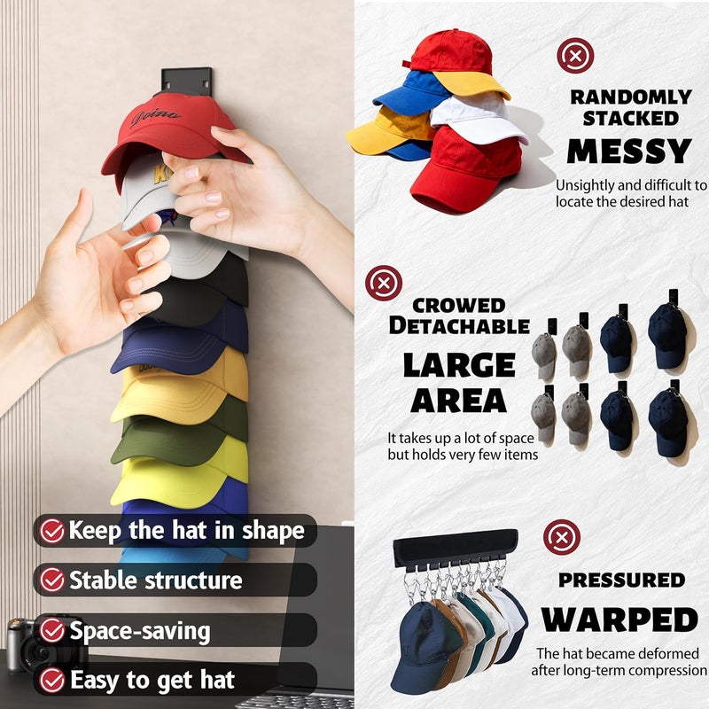 FHZON Hat Organizer Hold up to 20 Hats, 2 Pack Hat Rack for Wall with Strong Adhesive, Hat Organizer for Baseball Caps Display for Door Closet, Hat Hanger Holder Multilayer Two Mounting Option(Black) - Image 2